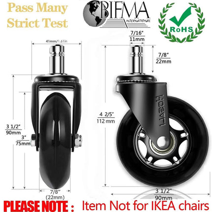 HOSALI Office Chair Wheels Replacement, Rubber Chairs Casters for Hardwood & Carpet Floors, 3 Inch Computer Desk Caster Wheel Set of 5, Black