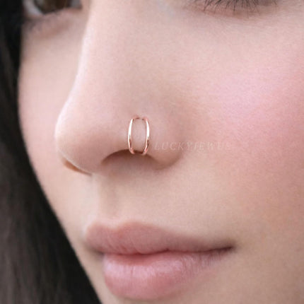 LUCKYJEWUS Double Nose Ring Hoop for Single Piercing, 14k Gold Filled or Sterling Silver Spiral Twist Nose Hoop for Women Men