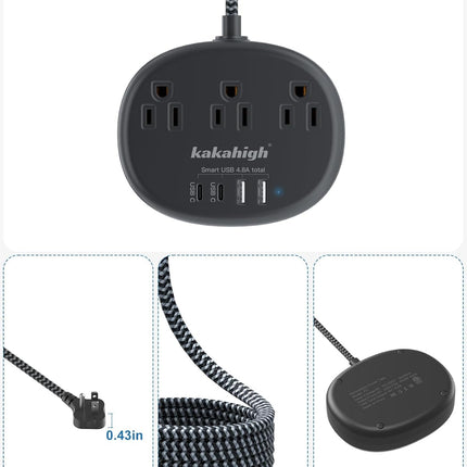 Short Extension Cord Black - Extension Cord 5 Feet, 1625W Power Strip 3 Prong with 3 AC Outlet 4 USB (24W/4.8A), Bedside Charging Station for Home, Office and Dorm