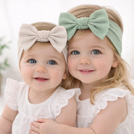 Baby Girl Headbands-Infant,Toddler Cotton Handmade Hairbands with Bows Child Hair Accessories (2, Light Beige-Linden Green, 3-36 Month)