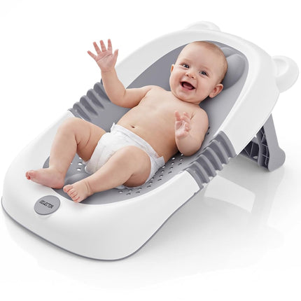 ISELECTOR Baby Bath Support Foldable Baby Bathtub Bath Tub for Newborn Infant Baby Bath Seat with Non-Slip Suction Cup 0-6 Months Infant Essentials Must Haves Ideal for Newborn Gifts （Grey）