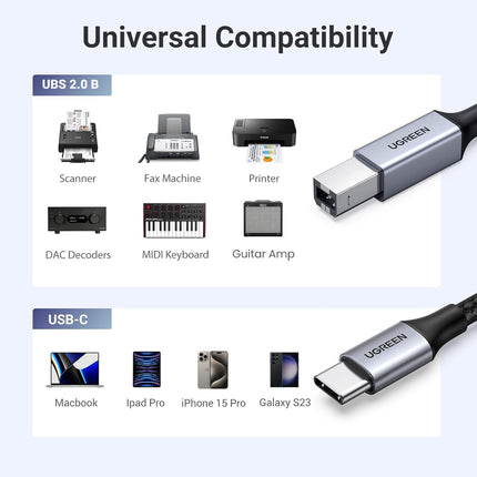 UGREEN USB B to USB C Printer Cable 3 FT, Nylon USB B to USBC Cable for MacBook Pro/Air, MIDI Cable Compatible with MIDI Keyboard/DJ Controller/DAC/Yamaha Casio Digital Piano for iPad