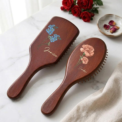 Personalized Birth Month Flower Wooden Hair Brush, Custom Name Wooden Hairbrush for Girl, Bridesmaid Proposal Gift, Mother's Day Present for Mom, Daughter