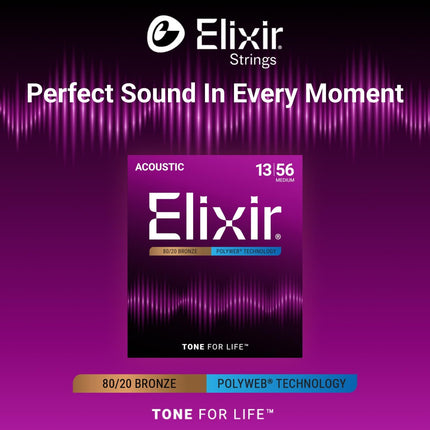Elixir Strings, Acoustic Guitar Strings, 80/20 Bronze with POLYWEB Technology, Longest-Lasting Warm Tone with Comfortable Feel, 6 String Set, Medium 13-56
