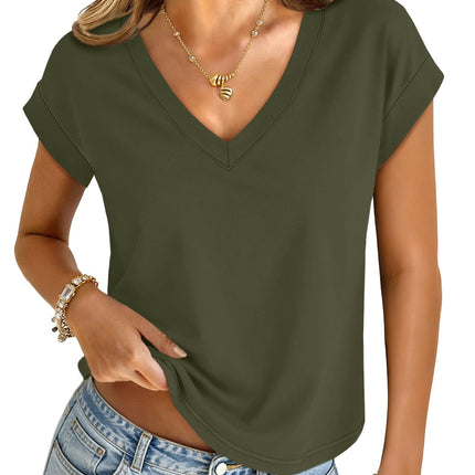 Womens Crop Tops V Neck Short Sleeve T Shirts Summer Basic Tee