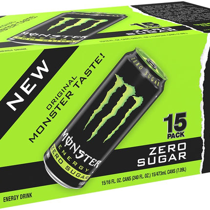 Monster Energy Zero Sugar, Green, Original, Low Calorie Energy Drink, 16 Ounce (Pack of 15), Can