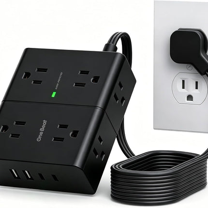 One Beat Surge Protector Power Strip, 6 Ft Ultra Thin Flat Extension Cord with 8 Outlets 4 USB Ports(2 USB C), Flat Plug Power Strip, White Power Strip for Home, Office, Dorm Room Essentials, Black