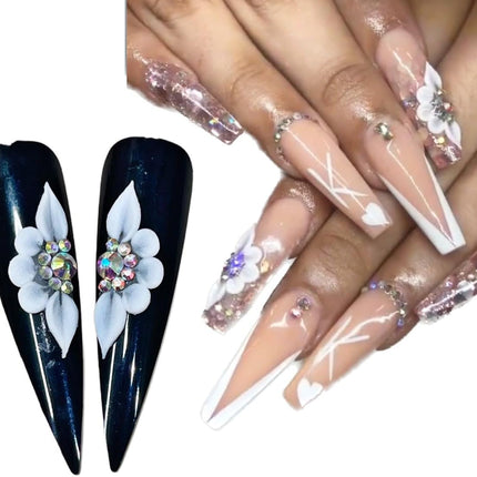 Set 8Pcs 3D Flowers Nails Charms With Rhinestone Gems Handmade by Acrylic Powder Design For Long Nail L,XL,XXL Flower Nail Art Floral Salon Decor Women Girls (White 7 Rhinestones-8PCs)