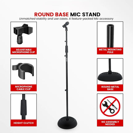Heavy Duty Microphone Stand with Round Base, Height Adjustable 37.5-70 Inches, Black Metal Construction, 4.6 lb Capacity, Universal 5/8" Thread, Includes Clips and Adapter