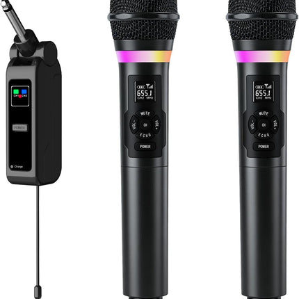 Wireless Microphone, Dual Handheld 2.4G Dynamic Mic with Rechargeable Receiver，Professional Karaoke Microphone, Dual Vocal Pickup with mute echo,treble,bass control, for Singing, Speech, PA System