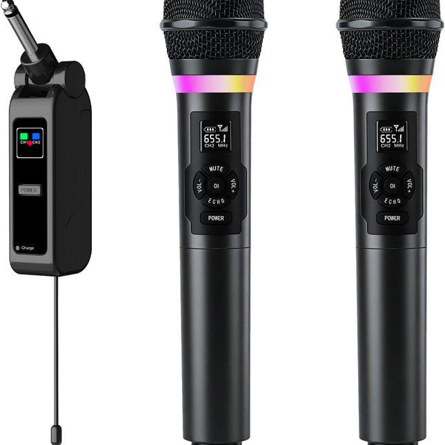 Wireless Microphone, Dual Handheld 2.4G Dynamic Mic with Rechargeable Receiver，Professional Karaoke Microphone, Dual
