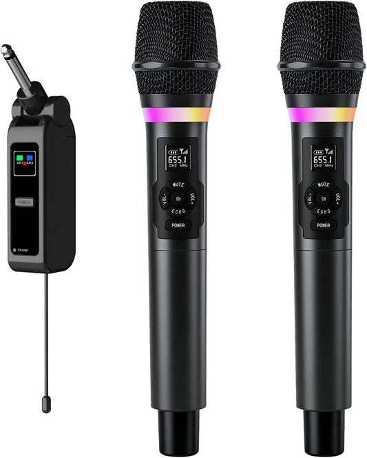Wireless Microphone, Dual Handheld 2.4G Dynamic Mic with Rechargeable Receiver，Professional Karaoke Microphone, Dual