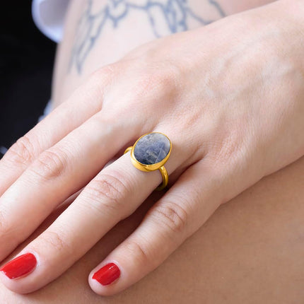 Natural Labradorite Crystal Ring 24K Gold Vermeil 925 Sterling Silver Oval Solitaire Gemstone Dainty Leo Spiritual Perseverance Statement Ring Handmade Turkish Fine Jewelry