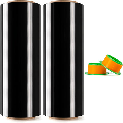 2 Rolls Black Stretch Wrap 12" x 1000 FT x 80 Gauge, Industrial Heavy Duty Stretch Wrap Shrink Film, Durable Self-Adhering for Packing, Moving, Pallet, Included Wrap Holder