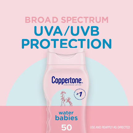 Coppertone WaterBabies Baby Sunscreen Lotion SPF 50, Hypoallergenic Sunscreen for Babies, Water Resistant, Pediatrician Recommended, 8 Fl Oz Bottle