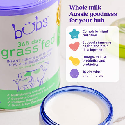 Bubs 365 Day Grass Fed Infant Formula with Iron, Cow Milk-Based Powder for Infants 0-12 Months, Made with Non-GMO Milk, 20 oz