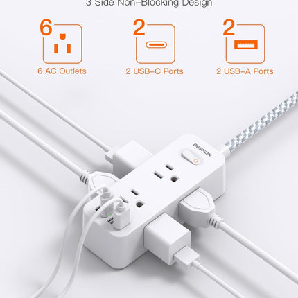 Power Strip Surge Protector, BESHON 5Ft Extension Cord, 6 Outlets with 4 USB Ports (2 USB C Outlet), 3-Side Outlet Extender, Wall Mount, Compact for Travel, Home, College Dorm Room and Office