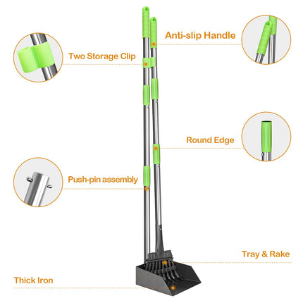 Recogedor para heces de perro con mango largo, bandeja de metal inoxidable y rastrillo para perros medianos y pequeños, suministros resistentes para usar en césped, tierra o grava