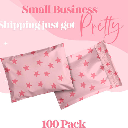 Pretty Package Store 14.5x19 Designer Poly Mailer 100 Pack Heavy Duty Waterproof Self Seal Shipping Bags for Small Business Large Mailing Envelopes Bulk Tear Resistant Cute Packaging Seeing Stars Pink