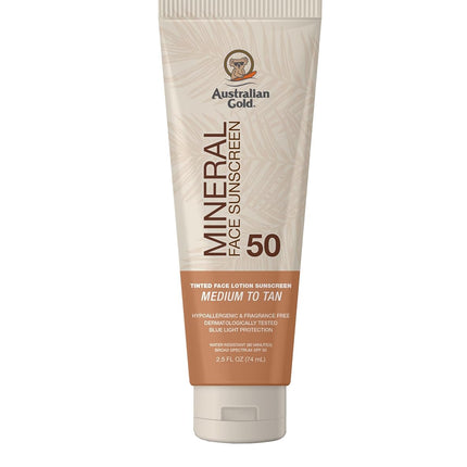 Australian Gold SPF 50 Tinted Mineral Face Sunscreen, Medium to Tan, 2.5 fl oz, Broad Spectrum, Non-Greasy BB Cream with Blue Light & Sun Protection, 4% Zinc Oxide & Titanium Dioxide, Hypoallergenic