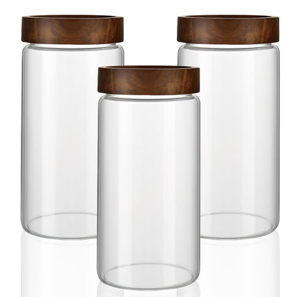 28 fl oz/850 ml Clear Glass Storage Canister with Airtight Wooden Screw Lid, Medium Cute Decorative Glass Container Jar for Coffee,Candy,Salt,Cookie,Condiment,Pepper,Sugar,Overnight Oatmeal