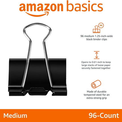 Amazon Basics Sturdy Binder Clips, Office Supplies, Medium 1.25 in, Document Organizing, Black, 96 Count (8 Pack of 12)