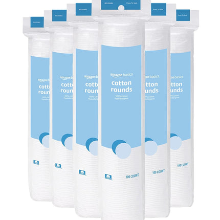 Amazon Basics Hypoallergenic 100% Cotton Rounds for Makeup Remover and Skincare, All Skin Types, 600 Count, 6 Packs of 100 Count