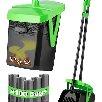 Dog Pooper Scooper Swivel Bin & Rake Set with Bag Attachment & Lid