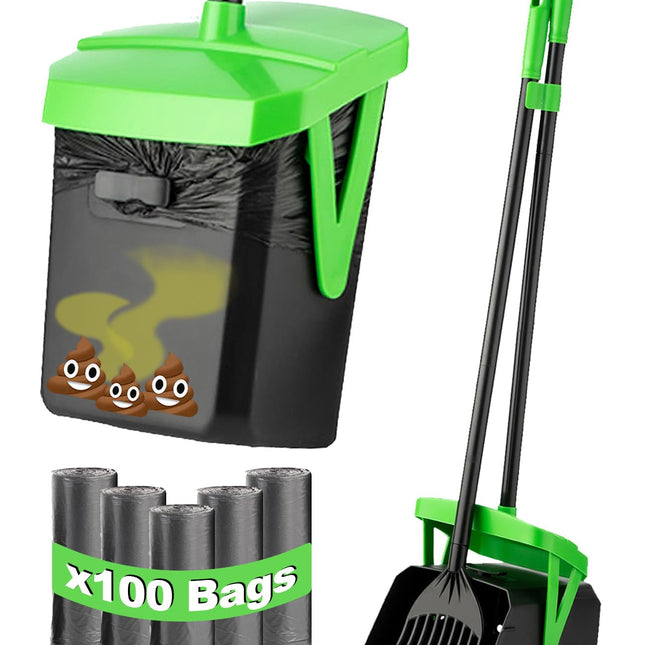 Dog Pooper Scooper Swivel Bin & Rake Set with Bag Attachment & Lid