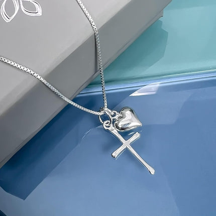 Alexandreasjewels Sterling Silver Cross Necklace for Girls, Sterling Silver Cross with Puffed Heart Charm, First Communion Gift Necklace for Daughter, Goddaughter Gift Necklace