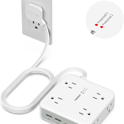TESSAN Dual Surge Protector Power Strip, 5 Ft Extension Cord Flat Wall Plug with 4 USB (2 USB C) 8 Outlets, 2100J Surge Protection, 20W Multiple Charging Station for Home, Office, College, Dorm, Grey