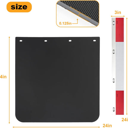 24"x24" Black Polymer Mud Flaps with 24"x3" Reflective Tape, Universal Fit for Semi Trucks, Trailers & Heavy Duty Vehicles, All-Weather Protection, 2 Pack