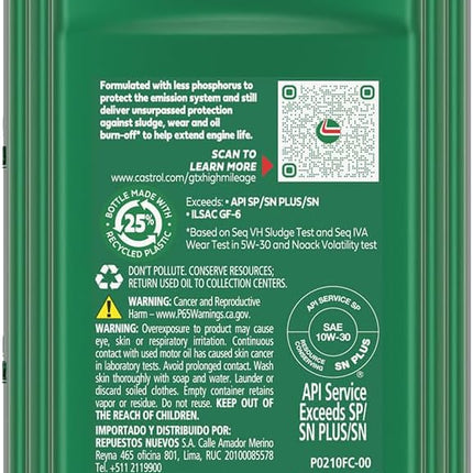 Castrol GTX High Mileage 10W-30 Synthetic Motor Oil, 1 Quart, Pack of 6