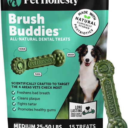 Pet Honesty Brush Buddies All Natural Dog Dental Treats for Dogs – Long Lasting Dental Sticks for Dogs, Teeth Cleaner, Breath Freshener, Plaque & Tartar Remover – Medium Sized Dogs (15 Count)