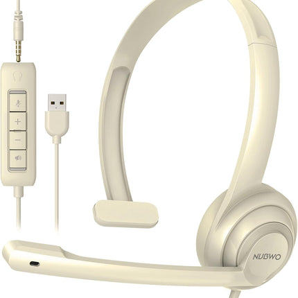 NUBWO HW02 USB Headset with Microphone Noise Cancelling &in-line Control, Ultra Comfort Computer Headset for Laptop pc, On-Ear Wired Office Call Center Headphone for Boom Skype Webinars (Apricot)