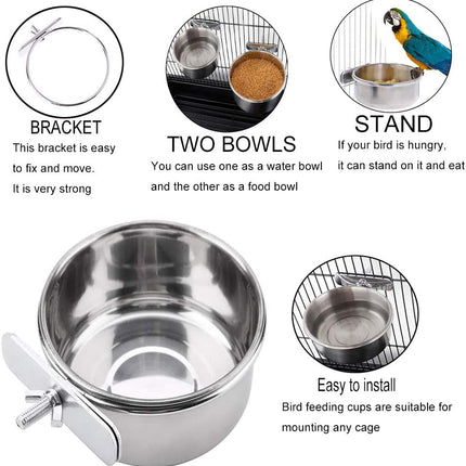PINVNBY Parrot Feeding Cups Birds Food Dish Stainless Steel Parrot Feeders Water Cage Bowls with Clamp Holder for Cockatiel Conure Budgies Parakeet Parrot Macaw Small Animal Chinchilla Pack of 2