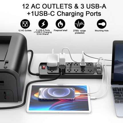 6 Ft Surge Protector Power Strip with 12 Outlets and 4 USB Ports