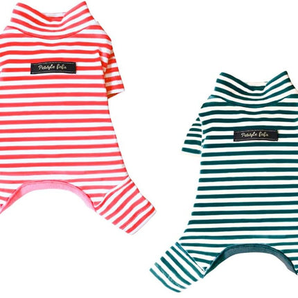 Hdwk&Hped Soft Cotton Dog Pajamas for All Seasons, Striped Pet Bottoming Jumpsuit for Small Dog Cat Puppy (#3, Striped Style - 2-Pack(red&Dark Green))