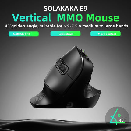 SOLAKAKA E9 Vertical MMO Gaming Mouse,248000 DPI,Tri-Mode Ergonomic Wireless Mouse with 10 Side Buttons,RGB Mouse for PC/Mac Black
