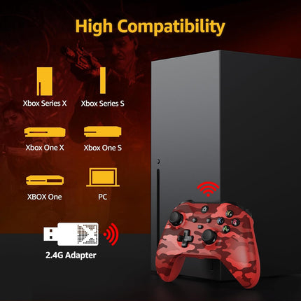 Kamylorus Wireless Controller for X-BOX One/PC, Hall Effect Controller Support Turbo, 2.4G Plug and Play Gaming Gamepad with 3.5mm Headphone Jack/Dual Vibration, Compatible with X-BOX One S/X, X-BOX Series S/X, PC, IOS, Android Platforms(Camo Red)