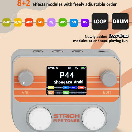 STRICH Pipe Tones Pocket Multi-Effects Processor for Guitar and Bass with 10 Effect Modules 125 Effects 40s Looper 100 Drum Patterns USB Audio Interface Wireless Control (Gray)