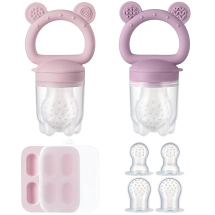 Alimentador de fruta de silicona para bebé 2 piezas con mini bandeja congeladora, moldes de paleta de leche materna para dentición infantil, mordedores de bebé, alimentador de comida fresca para alimentación autónoma segura del bebé - morado