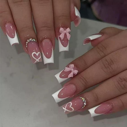 French Tips Press on Nails Medium Almond Nails Press on with 5D Flower Charm Design Glossy Brown Glue on Nails Water Ripple Rhinestones Fake Nail Reusable Fall Winter Nail for Women Manicure 24Pcs