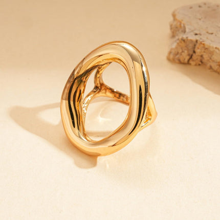 Chunky Irregular Hollow Oval Statement Ring For Women Adjustable Open Band Geometric Fashion Jewelry Gold Tone Or Silver Tone