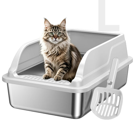 Arenero para gatos de acero inoxidable con tapa, arenero metálico XL de lados altos