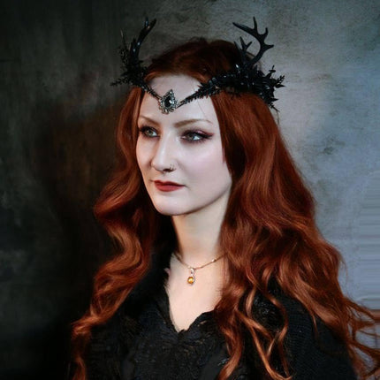 MOSTORY Black Flower Antler Crown - Dark Reindeer Headpiece Gothic Elf Circlet Deer Horns Headband for Women Cosplay Renaissance Goth Wedding Renfaire Accessory