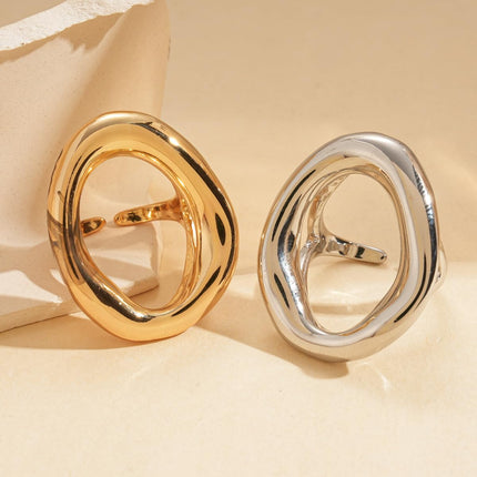 Chunky Irregular Hollow Oval Statement Ring For Women Adjustable Open Band Geometric Fashion Jewelry Gold Tone Or Silver Tone