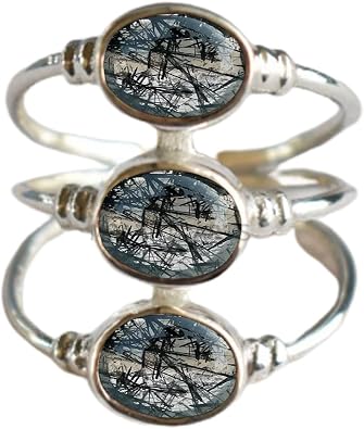 925 Sterling Silver Black Rutilated Quartz Statement Ring, US Size 9.5