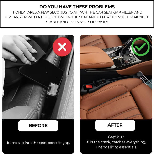 Car Seat Gap Filler and Organizer with Integrated Hook (Set of 2) – Blocks Lost Items, Holds Phone, Keys - photo 2