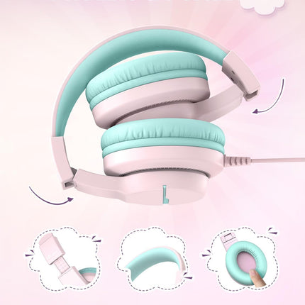 iClever HS19 Kids Headphones with Microphone for School, Safe Volume Limited, Over-Ear Girls Boys Headphones for Kids with Shareport, Foldable Wired for iPad/Travel (Pink)